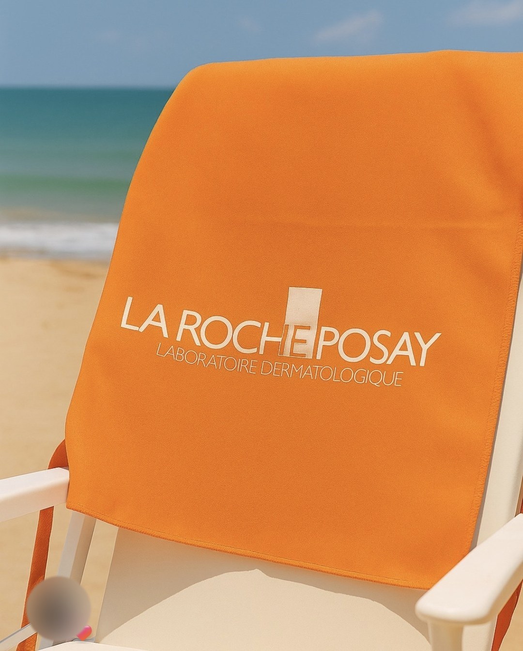 Post da ATO: toalha laranja La Roche-Posay numa cadeira de praia