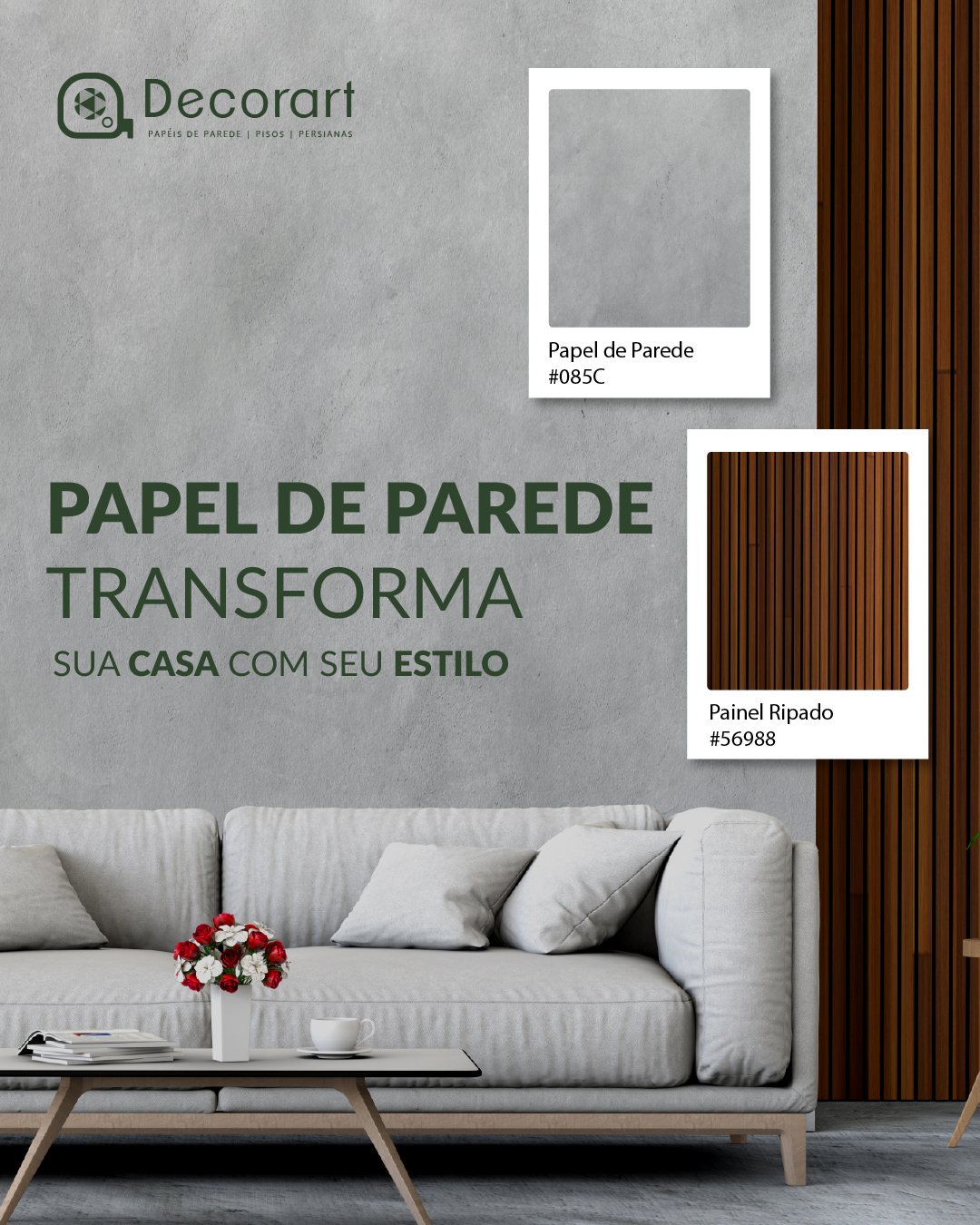 Post Decorart: Papel de parede transforma sua casa com seu estilo, com amostras de papel cimento queimado e painel ripado