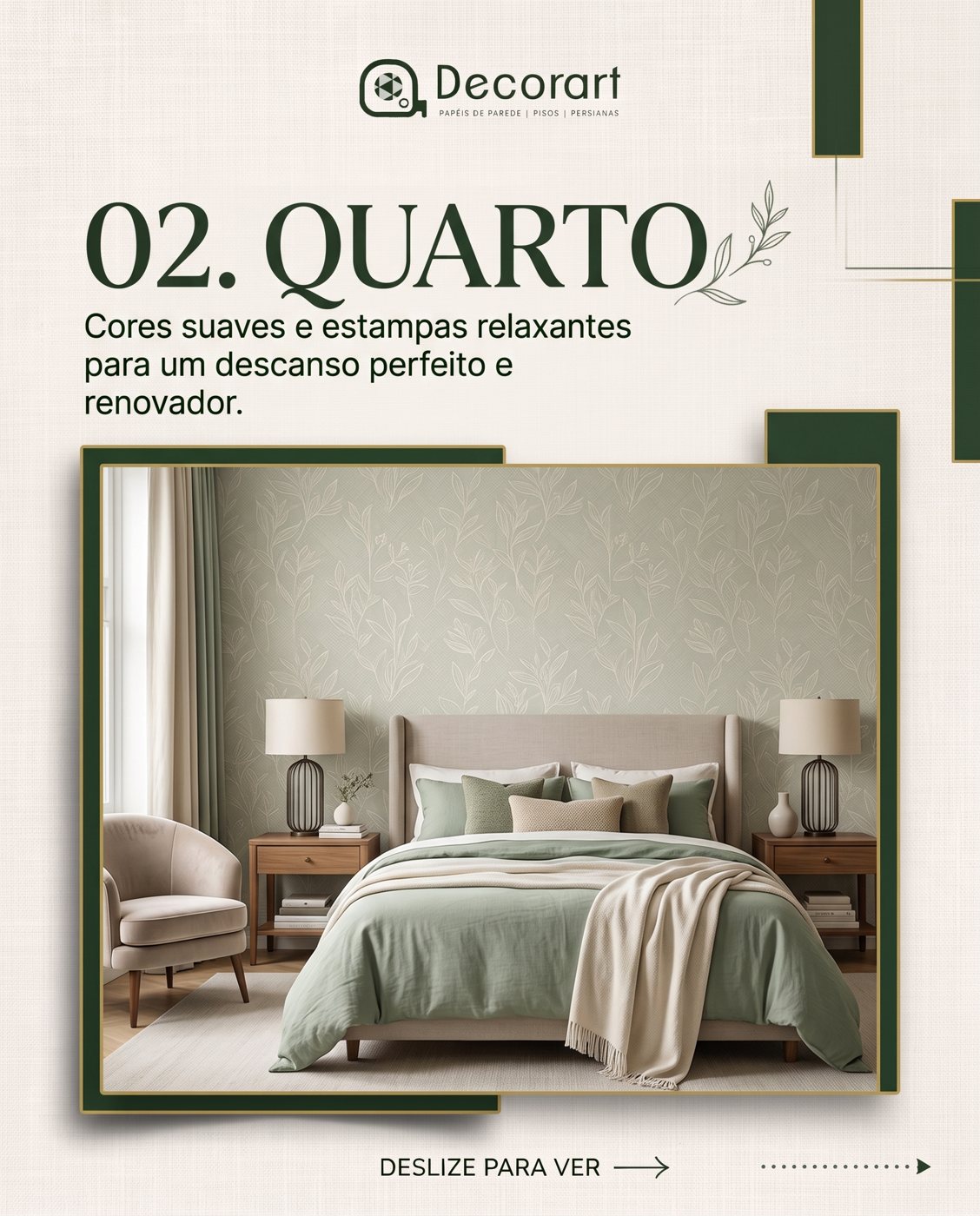 Post carrossel Decorart 02: quarto com papel de parede em tons suaves