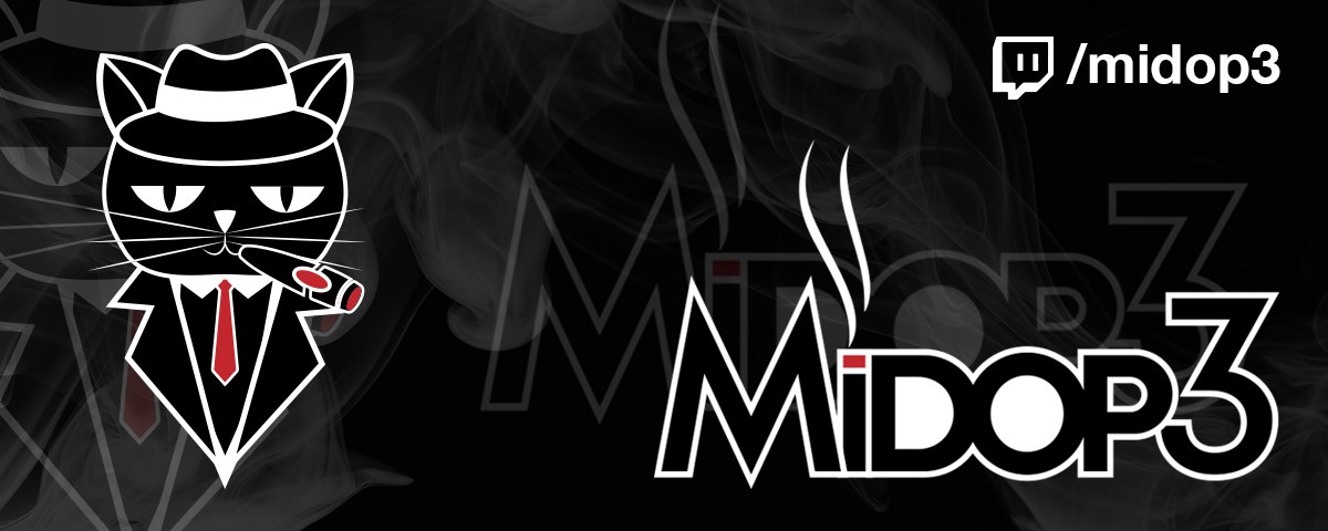 Banner do canal Midop3 na Twitch com o gato mascote e o logotipo