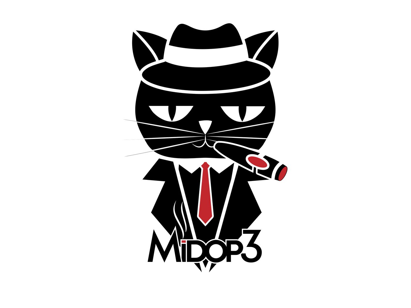 Logotipo Midop3: gato de chapéu e terno